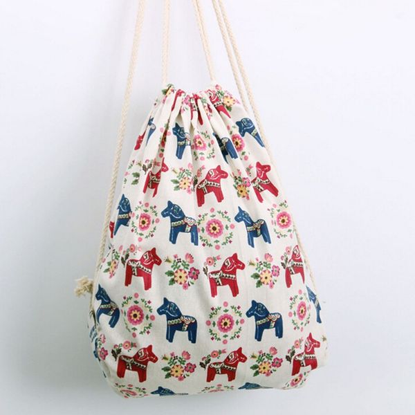 

1pcs cotton&linen cartoon printing sackpack women beach bag summer fresh mini casual bag soft girls drawstring backpack