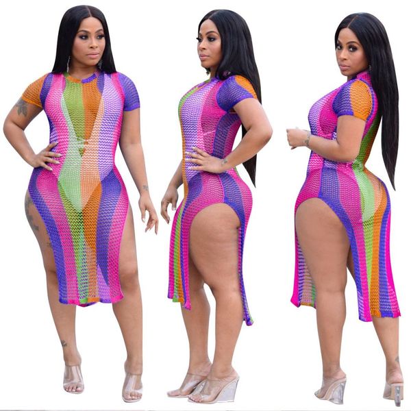 

2019 summer women rainbow stripes print bodycon dress short sleeve side split midi dress gauze see though sexy, Black;gray