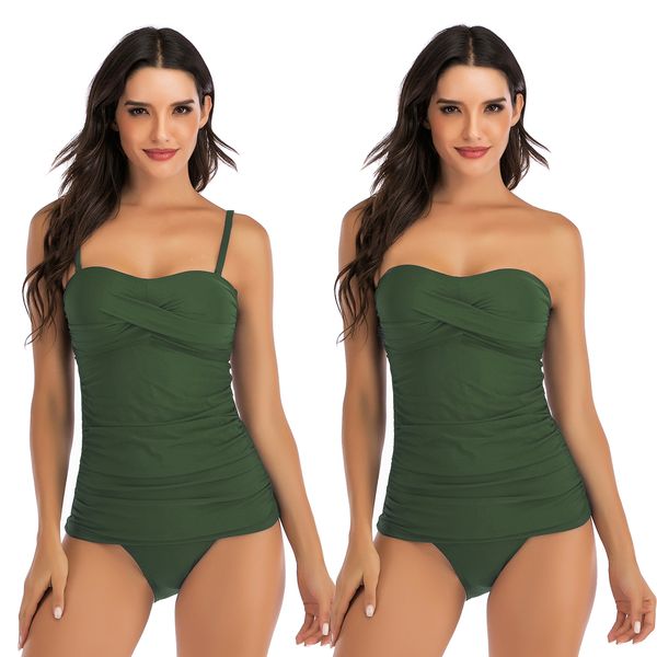 

women's tankini set 2020 new split swimsuit two piece solid color beachwear halter bikini low waist bottom bathing suit, White;black