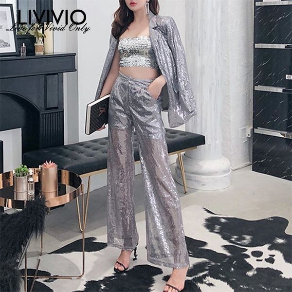 

livivio] sheer sequined long sleeve blazer women wide leg pant women 2019 summer suits new ladies clothing set, White