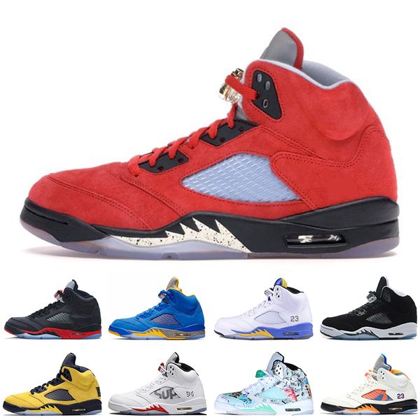 

5 5s trophy room-university red men basketball shoes blue red suede fire red oreo mens trainers sports sneakers us 7-13, White;red