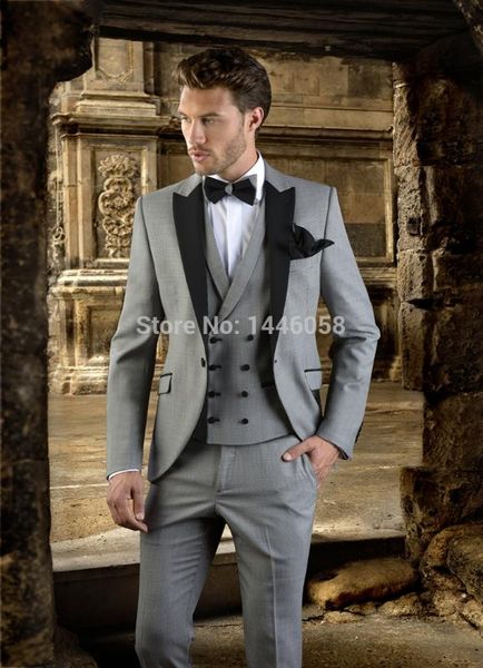 

2018 groomsmen custom made light grey men suit double breasted vest tailored wedding suits slim fit groom tuxedos for men, White;black