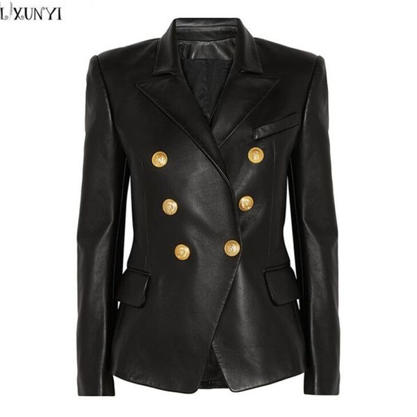 

lxunyi 2019 autumn winter new double breasted black leather coat women casual turn-down collar slim pu leather jacket female