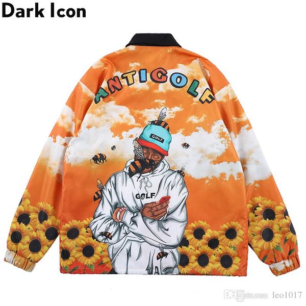 

antigolf cargo jacket men turn-down collar full printed windbreak men's jacket rap music jackets outwear clothes, Black;brown