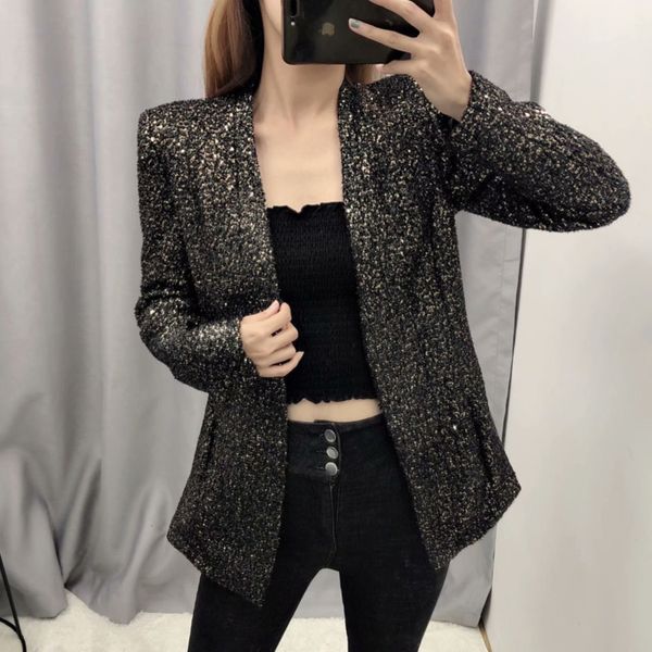 

ewq] 2020 autumn new notche neck long sleeve ladies office coat kora slim black sequins sweet women jacket simple lady blazer, White;black