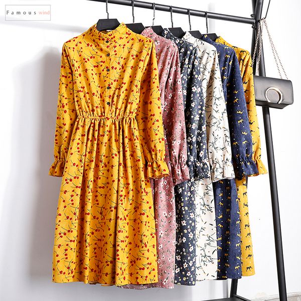 

winter dresses 2019 new fashion womens autumn vintage stand collar long sleeved floral print elastic waist corduroy dress, Black;gray