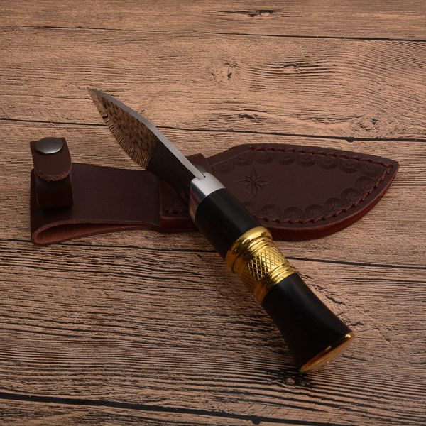 Sonderangebot: Kleines handgefertigtes Jagdmesser mit feststehender Klinge, 7Cr17Mov Satin-Drop-Point-Klinge aus Ebenholz + Messinggriff mit Lederscheide