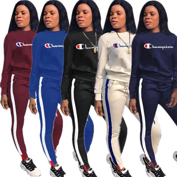 

Осень Champion Женщины Письмо Tracksuit с длинным рукавом Толстовка Топы + брюки 2pcs одежды Установить Повседневный Outfit Марка Sweatsuit КОСТЮМ A3207