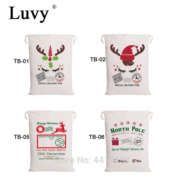 

luvy christmas bag 30pcs/lot wholesale santa sacks 6 styles drawstring canvas bag big santa claus party kids christmas gift bags