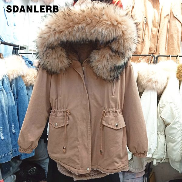 

2019 new autumn and winter jacket cotton-padded coats large faux fur collar hooded female oversize thickened coat outwear, Black
