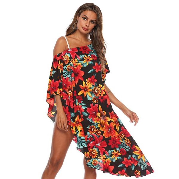 

women slash neck dresses summer beach floral printed designer asymmetrical bikini smock fashion casual loose womens apparel, Black;gray