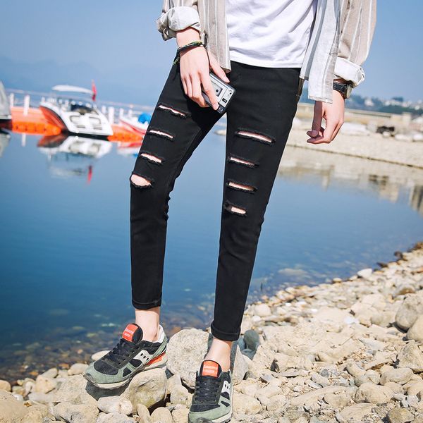 

summer new style solid color washing medium waist 9 points jeans young men's hong kong style skinny jeans men's, Blue