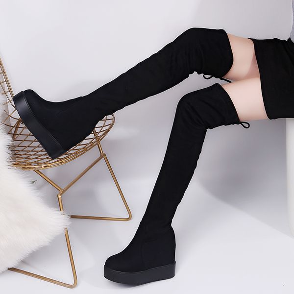 

m thigh high boots platform winter boots women over the knee suede long high heels fur plush wedge shoes woman, Black