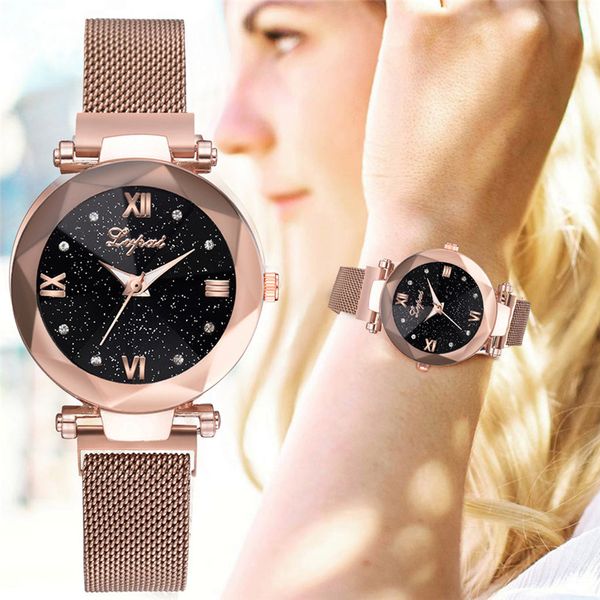 

fashion starry sky women watches magnet buckle stylish rose gold female casual quartz wristwatch unique lady girls clock gift, Slivery;brown