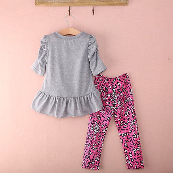 

kids baby girls cat printed t-shirt dress+leopard pants 2pcs outfits set, White