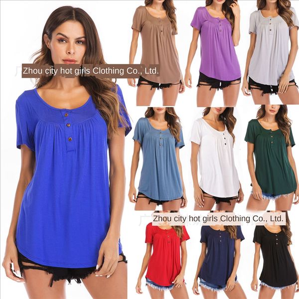 

summer 2020 pleated button buttons loose short-sleeved summer 2020 pleated button t-shirt buttons loose short-sleeved t-shirt, White