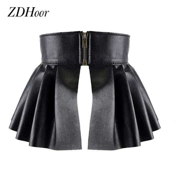 

women ladies fashion pu leather elastic wide waistband classic stretch pleated skirt peplum cinch belt a-line skirt belt, Black;brown