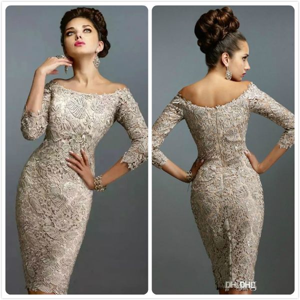 

2019 lace mother of the bride dresses scoop lace 3/4 long sleeves knee length plus size mother of the groom gowns wedding guest dress, Black;red