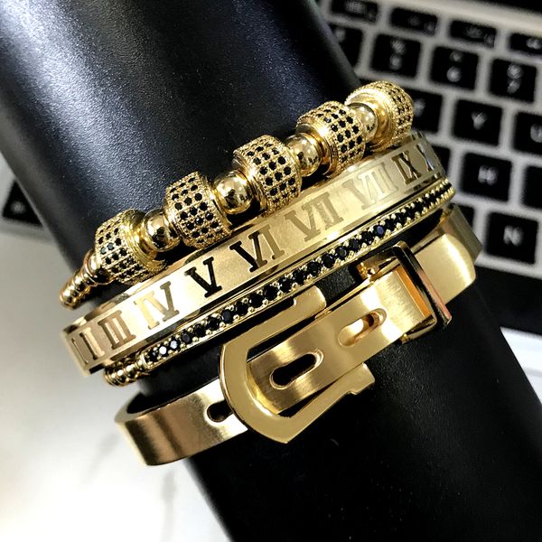 

luxury 4pcs set men new design titanium steel roman numeral bracelet horseshoe buckle bangles pulseira bileklik 2020 handmade 296b, Black