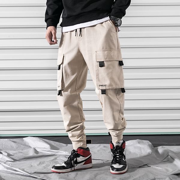 

2019 spring cargo pants men cotton comfortable joggers trousers green khaki black many pockets ankle banded man casual pants