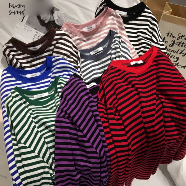 

stripe футболки женщины средние длинные причинная tshirt o шея top streetwear плюс размер одежды женщин корейский 2019 одежда, White