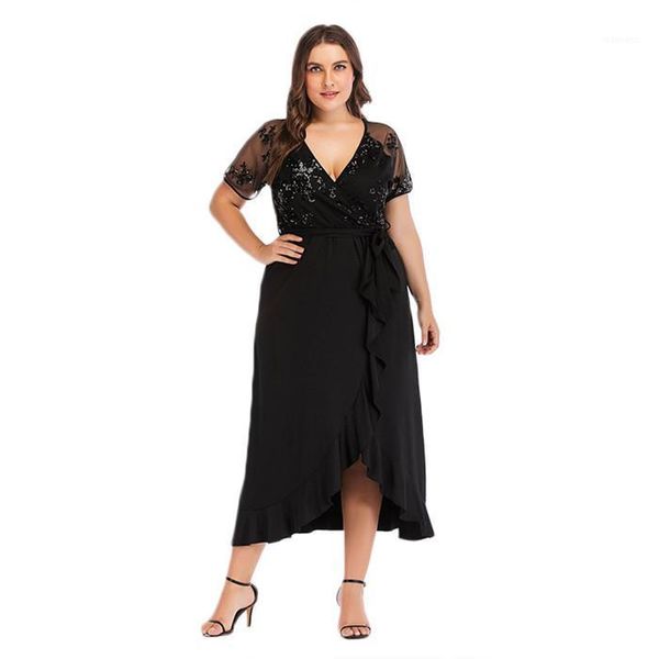 

fashion plus size dress summer womens designer casual dress v neck short sleeve irregular waist tie, Black;gray