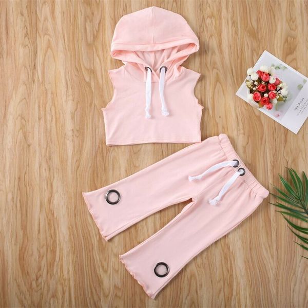 

summer clothing toddler kids baby girl clothes set suit solid pink sleeveless hoodies pants trousers outfits tracksuit, White