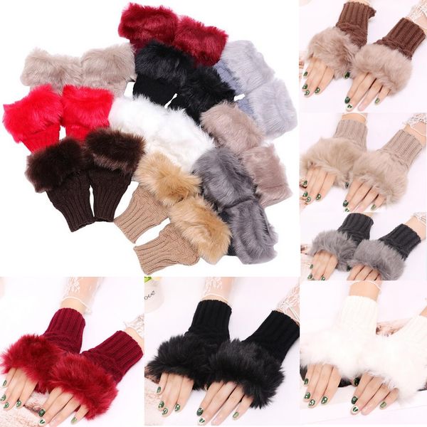 

women girl knitted faux rabbit fur gloves mittens winter 14cm length warmer outdoor fingerless gloves colorful xmas gifts, Blue;gray