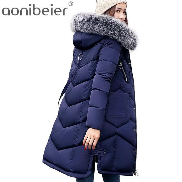 

wholesale- aonibeier long parkas winter warm cotton padded jacket women coat larger faux fur collar hooded slim female long overcoat, Black