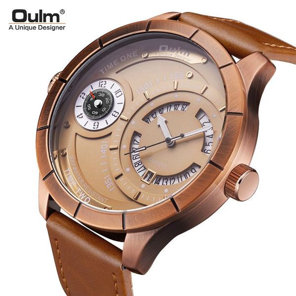 

luxury oulm calendar waterproof quartz men's casual watch personality large dial stylish dual time zone watch, Slivery;brown