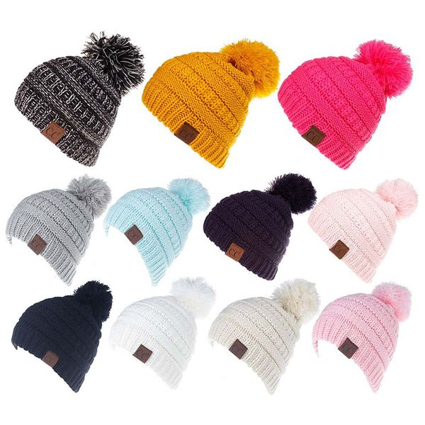 

kids boys girls beanie caps solid color children knitting crochet pompom hat fashion winter warm cap accessories 11 colors c937, Yellow