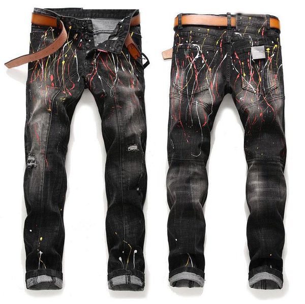 

unique mens painted slim fit retro black jeans fashion designer panelled washed motocycle denim pants hip hop begar trousers 1023, Blue