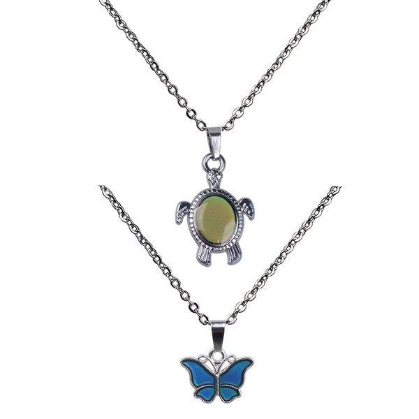

2pcs mini butterfly turtle pendant change emotion mood steel chain necklace, Silver
