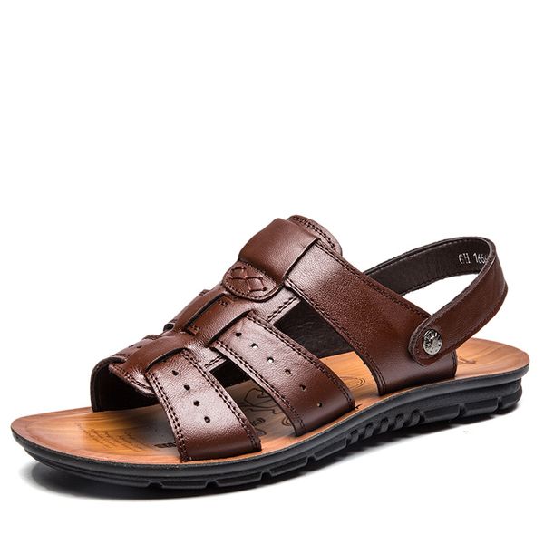 

new arrival fashion men leather sandals summer leather beach shoes male flats outdoor sandals casual shoes for men sdc34, Black