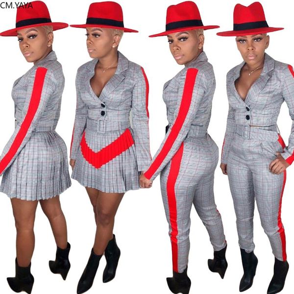 

gl winter women's set full sleeve v-neck plaid print blazer skirts pants suit two piece set tracksuit outfits club england 5109, White