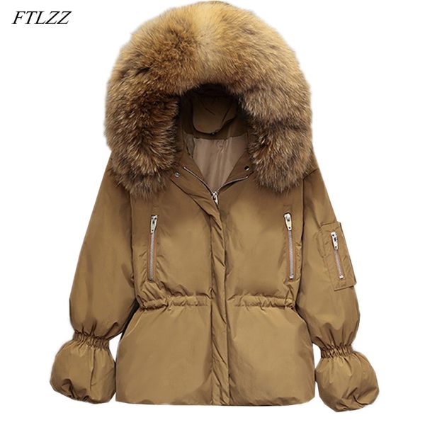 

ftlzz winter jacket women big real raccoon fur 90% white duck down hooded parkas female slim short snow down outwear, Black