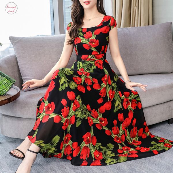 

long maxi dress natural women vintage summer short sleeve dress 2020 casual beach elegant floral print plus size women dress vestidos, Black;gray