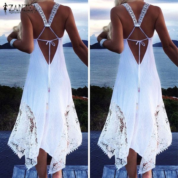 

boho summer dress 2019 zanzea women's party vestido female spaghetti strap midi dress backless lace asymmetrical robe white, Black;gray