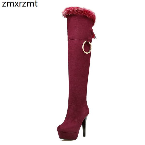 

2019 women knee high heel snow boots to keep warm in winter women shoes thin 12cm super high heel party shoes large size 34-43, Black