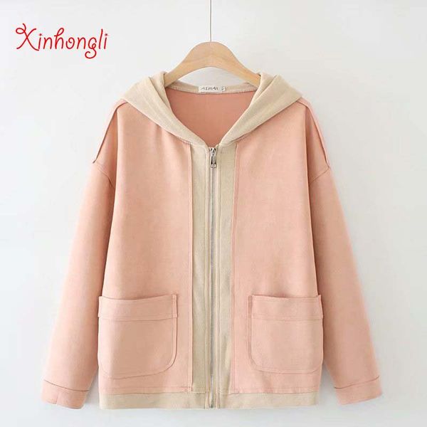 

plus size hooded faux leather women suede jacket 2020 new spring autumn pockets casual ladies patchwork loose zip coats female, Black