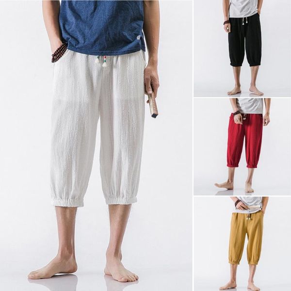 

2019 new style men's fashion summer casual solid drawstring cotton linen 3/4 pants trousers sales, Black