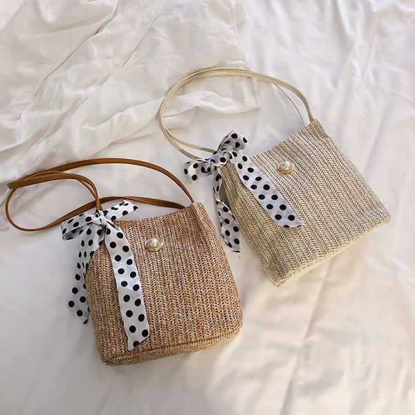 

women shoulder bag bohemian summer straw beach handbag for travel shopping female dot bow bags