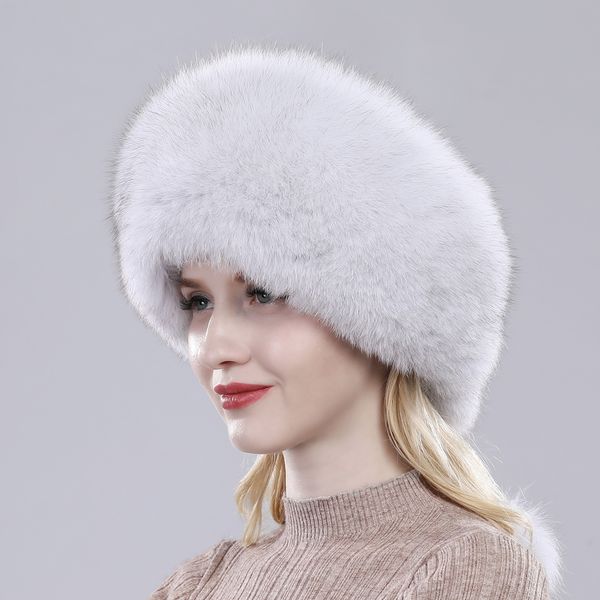 

2019 русская зима натуральная лиса меховая шапка теплый мягкий пушистый натуральный мех шляпы-бомбардировщика фокса роскошные женщины качест, Blue;gray