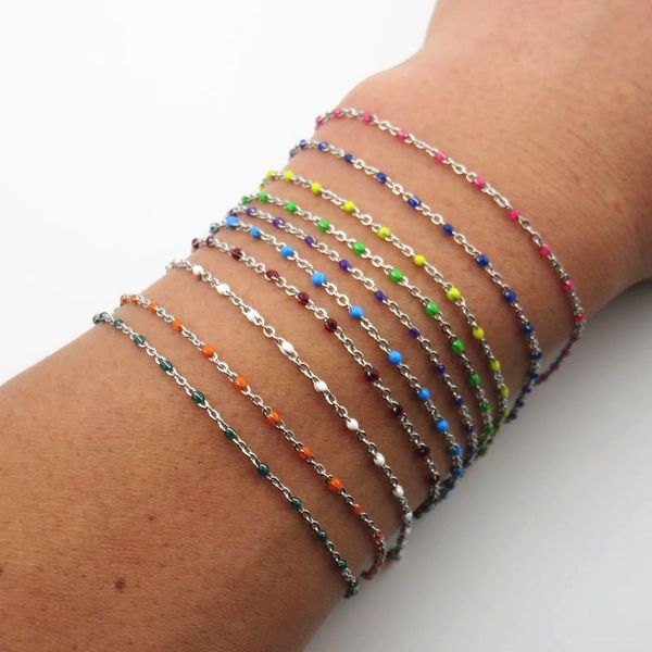 

14/15/16/17/18/19cm blue black red green white purple bead bracelet stainless steel chain bracelet women jewelry, Golden;silver