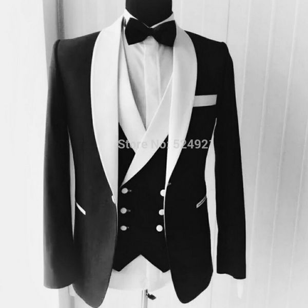 Mais recente Suits Groomsmen Azul / Marinho / Preto Noivo Smoking xale branco lapela Men casamento melhor homem Noivo (Jacket + Calças + Vest + laço) L40