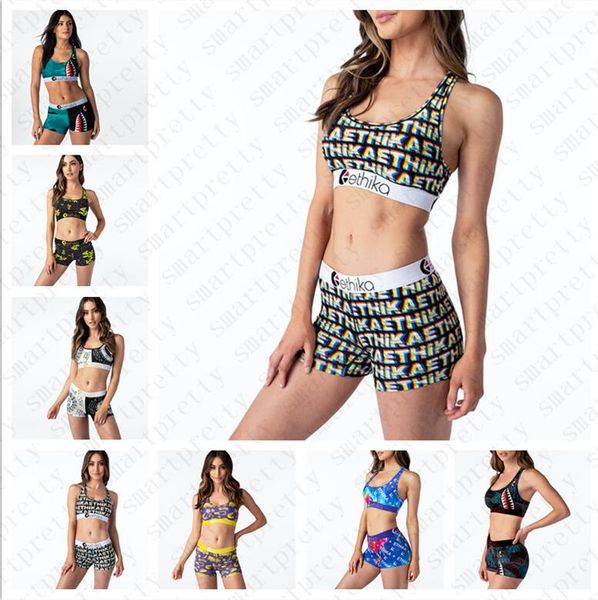 

swimsuit cartoon shark printed swimwear push up bra tank vest swimming shorts 2pcs women bikini set beachwear d51903, White