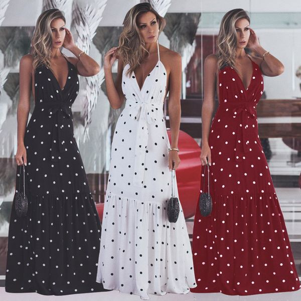 

2019 v collar halter bandage dew back full longuette temperament wave spot printing lotus leaf edge belt dress, Red;white