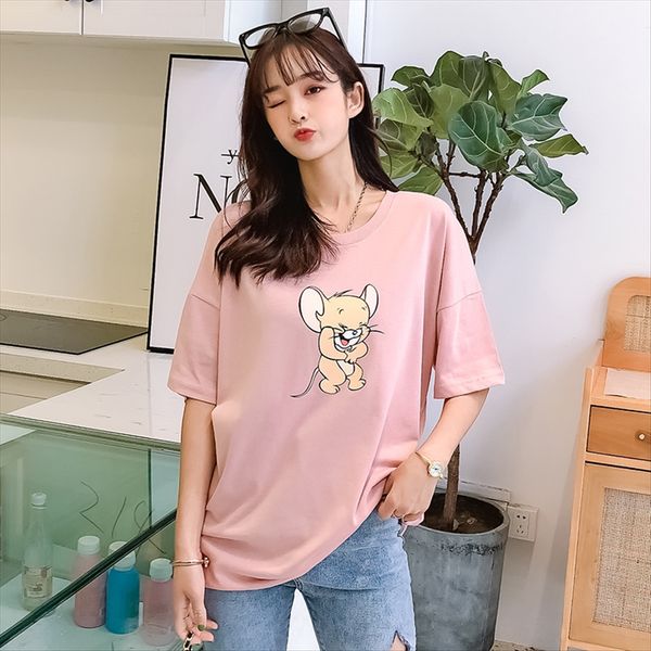 

muyu 20-year round collar short sleeve cartoon t-shirt women's loose slim large size long cotton half sleeve t-shirt top, White