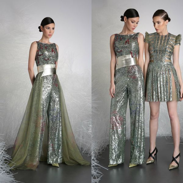 

2019 tony ward jumpsuits with detachable train jewel neck bling sequins sleeveless prom dresses party wear sash luxury evening gowns, Black;red