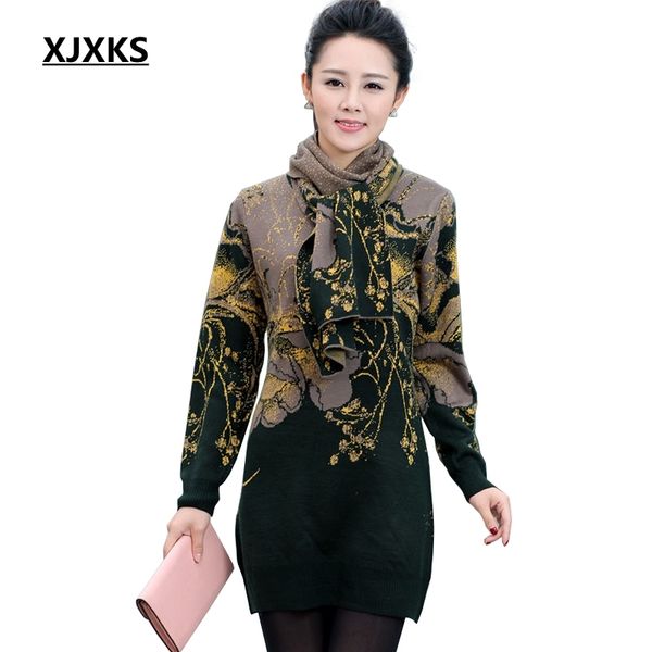 

xjxks 2019 new women wool sweater knit middle-aged mother dress autumn and winter plus size thickening long sweater with scarf ly191210, White;black